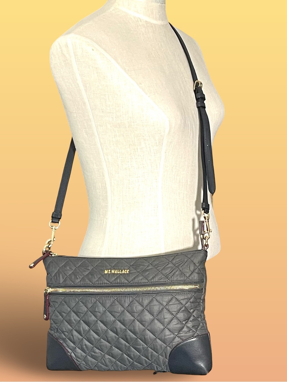 MZ Wallace Crosby Crossbody Bag Gray Quilted Nylon